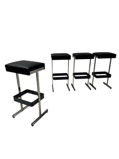 Four Mid-Century Modern Bar Stools with Black Leather Seats, 1970s